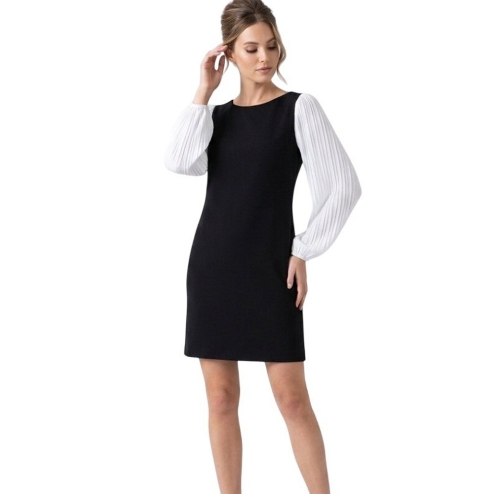 DKNY Shift Dress Womens 10P Black White Pleated Balloon Sleeve DD44MA31SB 6064